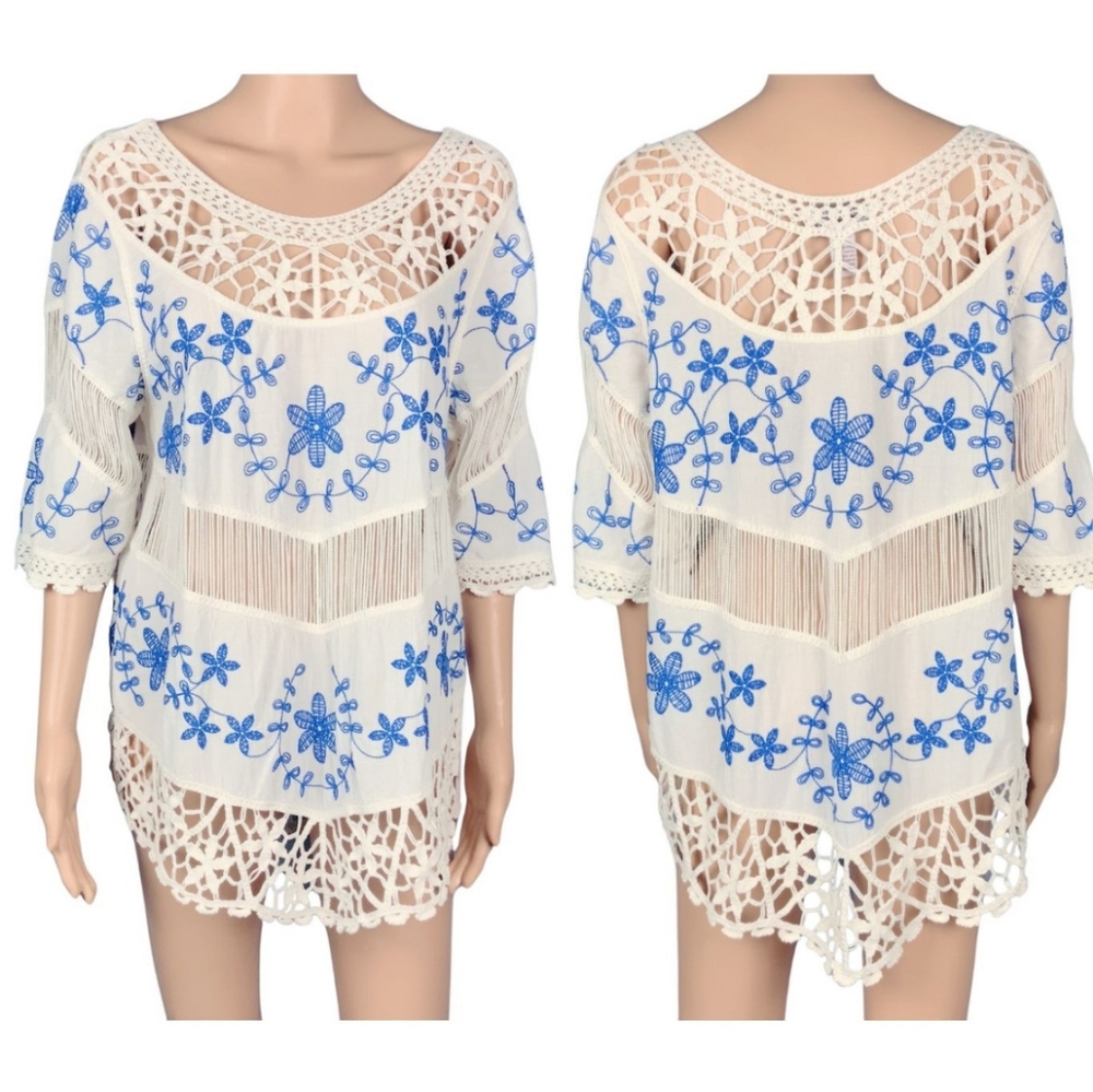 Marie Oliver White and Blue Embroidered Blouse